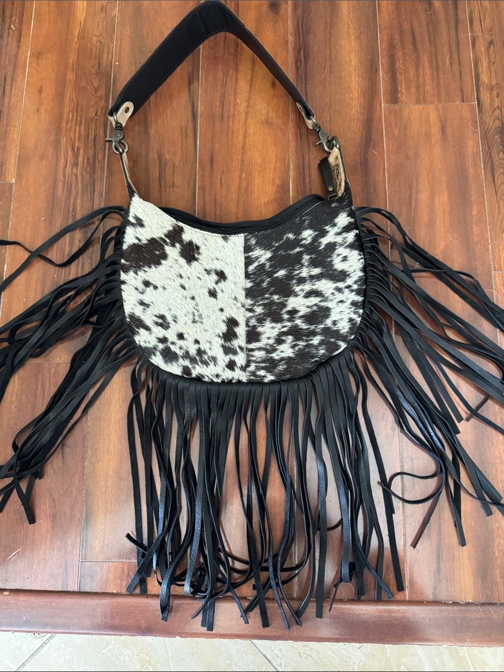Black & White Cowhide Fringe Half-Moon Shoulder Bag